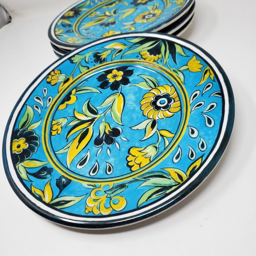 Williams Sonoma Melamine Salad Plate LA MED Blue Turquoise Floral 8.75" Set of 4
